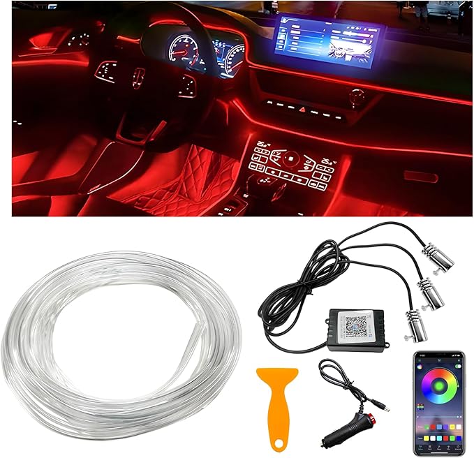 Interior Car LED Strip Lights with APP Control, 3 in 1 RGB Ambient Lighting Kit with 197 inches Fiber Optic, 16 Million Colors Music Sync LED Vehicle Cigarette Lighter Neon Strip
