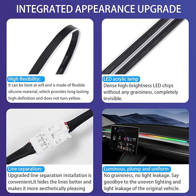 LED Car Ambient Lighting Strip for Tesla High Brightness with APP Control Multiple Colors and Car LED Strip Lighting Neon Lights for Model 3/Y (Dashboard)
