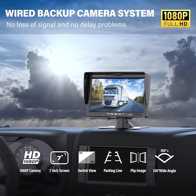Upgrade Backup Camera Monitor Kit 7" HD 1080P Monitor IP69 Waterproof Rearview Reversing Rear View Camera for Truck Trailer RV Pickup (TZ101)