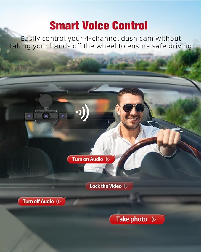 CATCATCH 4 Channel Dash Cam 360° View,4K Front and Rear Dash Camera for Cars,WDR Night Vision,Smart Voice Control,Built-in WiFi&GPS,G-Sensor,24H Parking Mode,Free 64GB SD Card,Suction Cup
