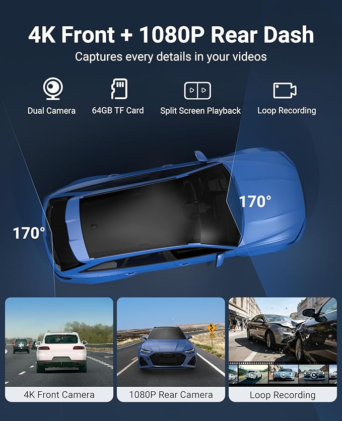 Wireless CarPlay and Android Auto 10.26-inch Touchscreen, 4K Dash Camera and 1080p Backup Camera, Universal Portable car Display, Equipped with 64G Memory Card