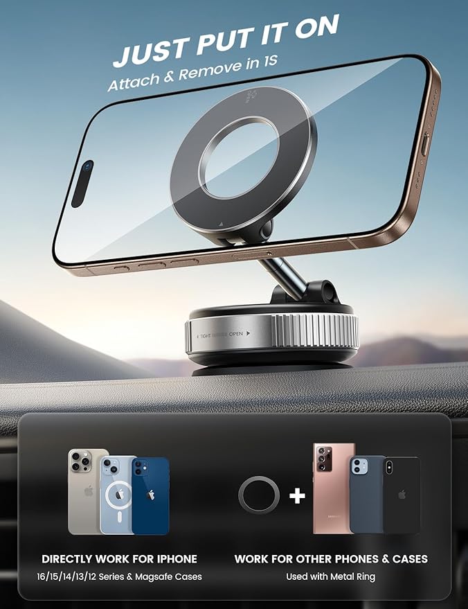 Lamicall Car Phone Mount - [70 LBS Strongest Suction] for Magsafe Car Mount, 360° Adjustable Suction Cup Phone Mount Dashboard Windshield Vacuum Magnetic Phone Holder for Car Silver
