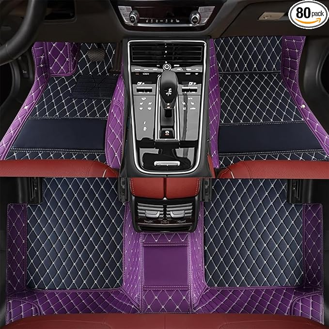 TREGOO All Weather Car Mats Custom Fit Non Slip Floor Mats for 1998-2025 Cars Personalized Leather Protection Pads Suitable for Men Women (Edge Purple, Black Beige)