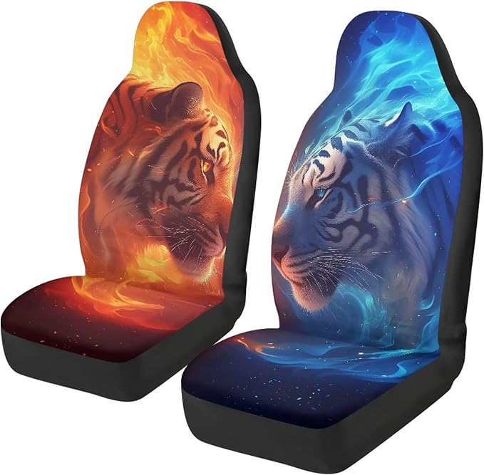Cool Tiger Car Seat Covers Breathable Front Seat Covers Easy Installation Stretch Polyester Fabric Cover Protection Interior Accessories Universal Fit Most Cars SUV