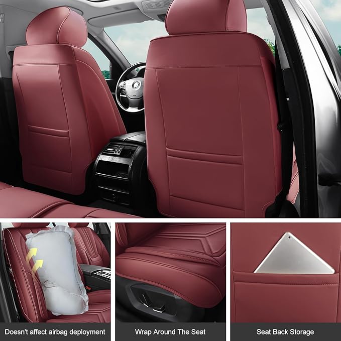 Car Seat Covers, Premium Leather Car Seat Covers, Waterproof and Breathable Seat Covers, Universal Car Seat Protector Fit for Cars, Trucks, SUVs, Pick-ups (Wine Red, 2 PCS Front Seat)