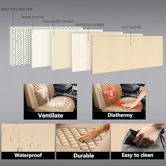 Car Seat Covers Front Pair,Universal Fit for Cars,SUVs,Trucks,and Sedans,Faux Leather Car Seat Cushion Compatible with Airbags,Waterproof Car Seat Protector,Beige