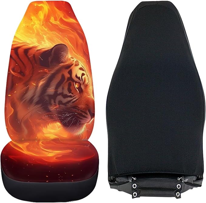 Cool Tiger Car Seat Covers Breathable Front Seat Covers Easy Installation Stretch Polyester Fabric Cover Protection Interior Accessories Universal Fit Most Cars SUV