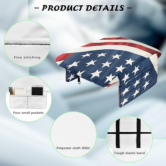 Auto Center Console Cover Universal Car Armrest Pad with Pockets, American Flag Print Universal Automotive Interior Accessories for Most Vehicle SUV