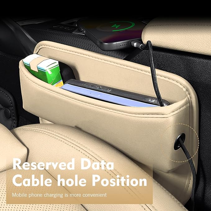 Car Seat Gap Filler Organizer, Waterproof Anti-Slip Leather Front Seat Side Storage Bag for Phones, Keys, Glasses, Cards, Universal for Most Cars (Beige)