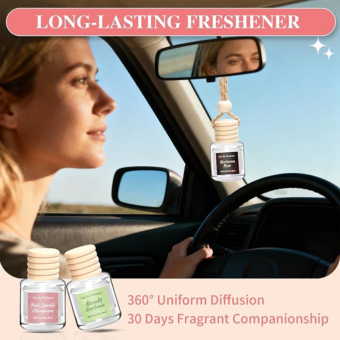 6 Pack Car Air Freshener, Long Lasting Natural Essential Oil Fragrance Diffuser - Pink Sparkle Champagne, Moonlit Gardenia & Nocturne Rose, Hanging Female Perfume Car Accessories Decor Gift