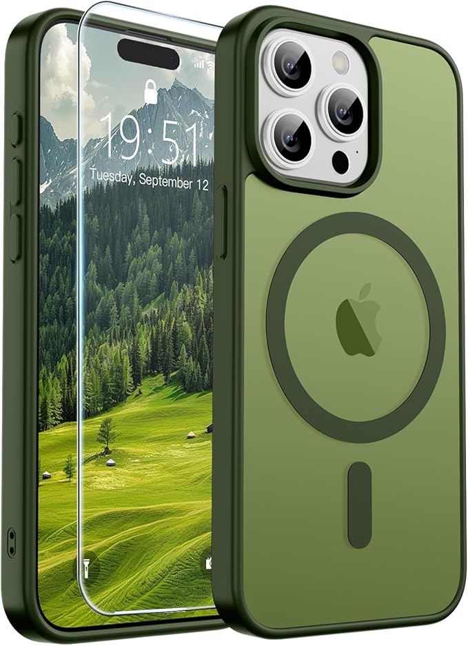 SUPFINE Magnetic for iPhone 15 Pro Max Case (Compatible with MagSafe) (Military Grade Drop Protection) Slim Translucent Matte Shockproof with Anti-Fingerprint Phone Case,Cangling Green