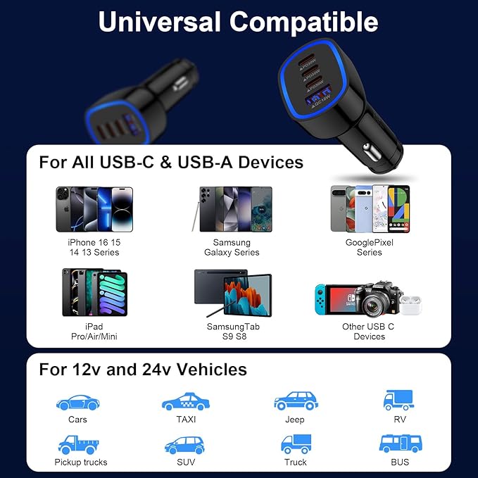 Samsung Car Charger USB C 90W Fast Charging Adapter for Samsung Galaxy A17 A16 A15 5G A56 A36 S25 Edge S24 Ultra S23 S22 S21 4Port Cigarette Lighter Fast Car Phone Charger for iPhone 17 16 Pro Max 15