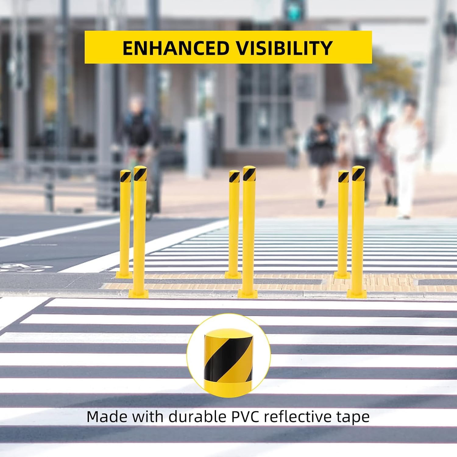 Safety Bollard 4 Packs, 48 Inch Height Steel Bollard Post for Parking Lot, 4.5 Inch Diameter Pipe, Yellow Safety Bollard Post with 8 Anchor Bolts, Ideal for Traffic-Sensitive Areas, Driveway Barrier