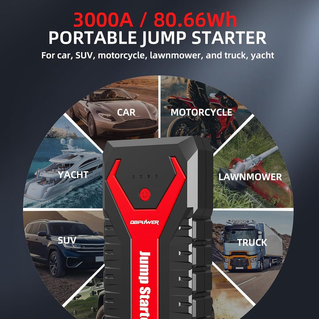 DBPOWER 3000A/80.66Wh Portable Car Jump Starter (UP to 10.0L Gas/8.0L Diesel Engines) 12V Auto Lithium-Ion Battery Booster with Smart Clamp Cables, Quick Charge, and LED, Storage Bag