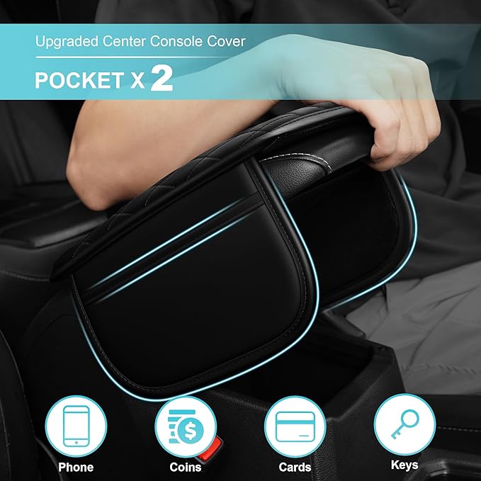 Center Console Cover Fit for Kia Sorento 2003-2025 with 2 Storage Bags Waterproof Leather Quilted Pattern Car Armrest Cover Cushion Anti - Slip(Black)