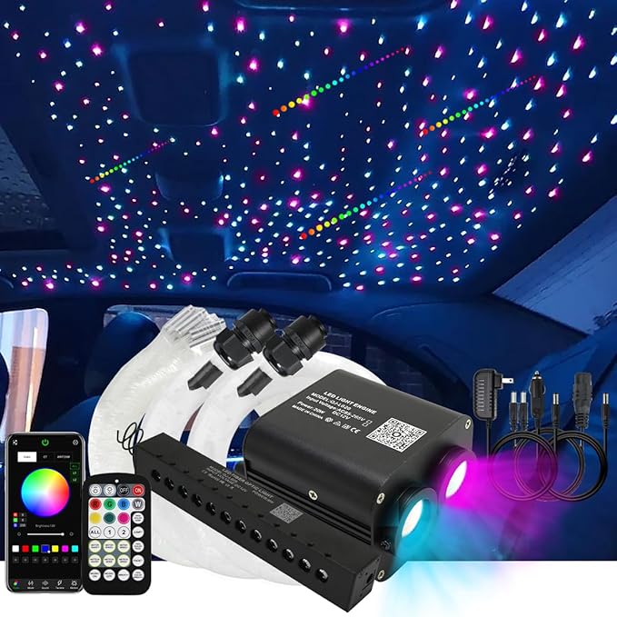 AKEPO 20W Twinkle Dual-Head Dual Color Fiber Optic Lights, Fiber Optic Colorful Meteor Light Kit Sound Activated APP/Remote Control for Car Starlights Headliner/Home 1000pcs 13.1ft/4m Fiber Strands