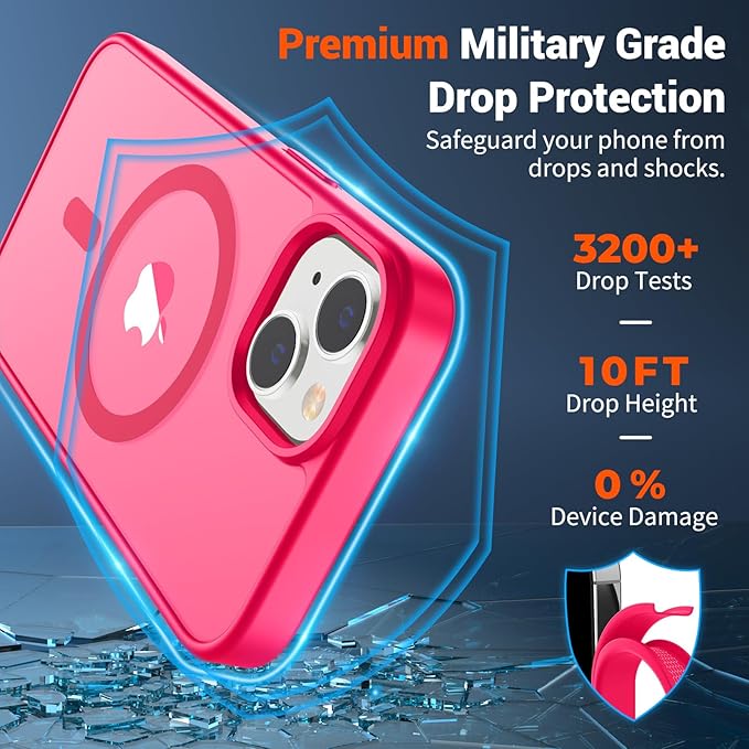 SUPFINE Magnetic for iPhone 14 Case & iPhone 13 Case (Compatible with MagSafe) (Military Grade Drop Protection) Slim Translucent Matte Shockproof Phone Cover,Hot Pink