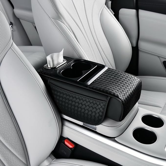 Car Armrest Cushion Cover Car Center Console Memory Foam Booster Pad with Storage Pocket and Tissue Hole for Sedan Vehicle (Cupholder - Black, 13.39 * 7.68 * 2.95'' / 34 * 19.5 * 7.5cm)
