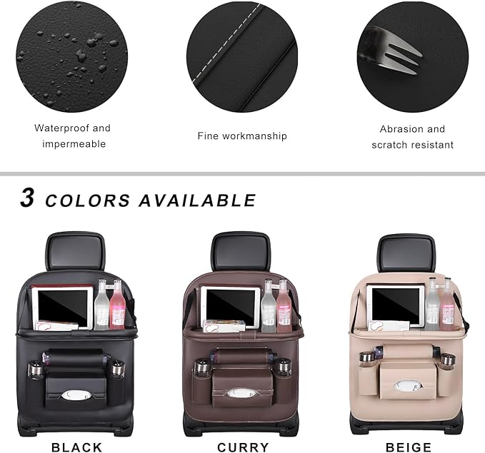 2PCS Car Backseat Organizer, Leather Multi-Pocket Seat Back Protector with Foldable Table Tray, Multifunctional Vehicle Storage Organizer Kick Mat for Kids Toddler Travel (Beige)