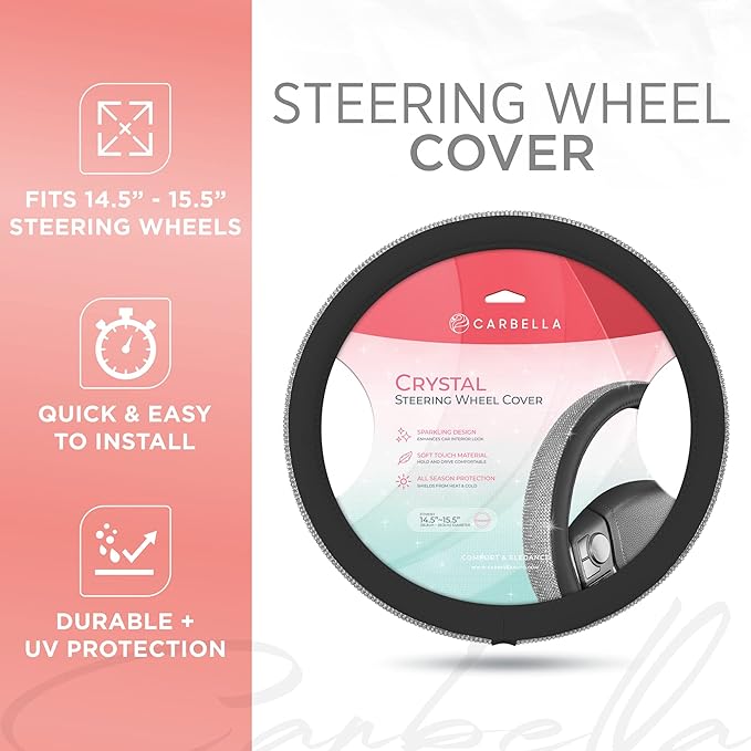 Carbella Leatherette Crystal Bling Steering Wheel Cover for Car SUV, Glitter Sparkle Rhinestone Cute Car Accessories for Women Universal Fit Standard Size (Fits 14.5"-15") - Black w/ Silver Bling