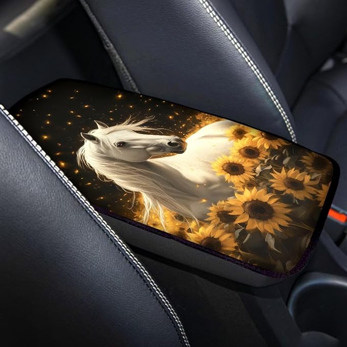 Neoprene Car Center Console Pad Horse Sunflower Print Armrest Cushion Cover Dust-Proof Armrest Seat Box Cover for Most Vehicles Decorative Car Accessories for Women Men