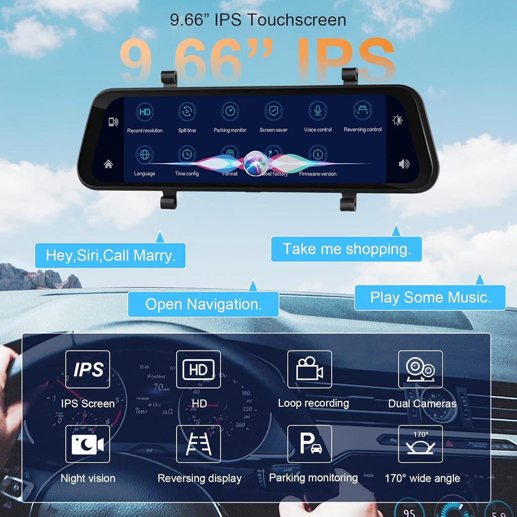 Car in-Mirror Mounted Dash Cam with Front & Rear View Camera Wireless Carplay Android Auto Car Driving Recorder with 9.66 Inch IPS Touchscreen Support DVR Voice Control Bluetooth Call FM Transmitter