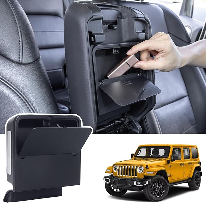 Center Console Hidden Organizer Box Compatible with Jeep Wrangler JL/JLU 4XE and Jeep Gladiator JT 2018-2024 2025 2026 Accessories Armrest Secret Compartment One-Touch Hidden Storage（Patent Design）