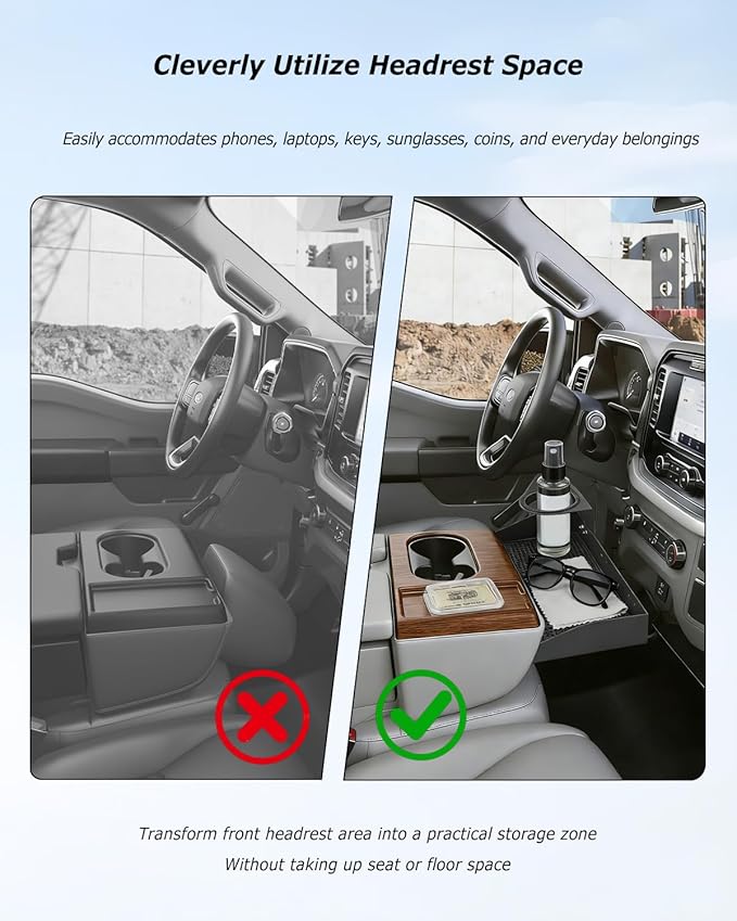 Front Center Console Organizer Headrest Tray Compatible with Ford F150 F250 F350 F450 F550 F650 2011-2025, Truck Center Console Cup Holder Coin Organizer Storage Accessories, Jump Seat Only