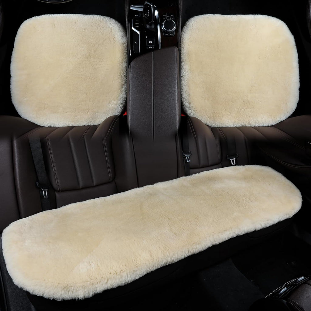Fluffy Genuine Sheepskin Car Seat Cover for Auto Fuzzy Interior Accessories Cushion with Soft Wool Natural Fur Non-Slip (Pearl, Back)