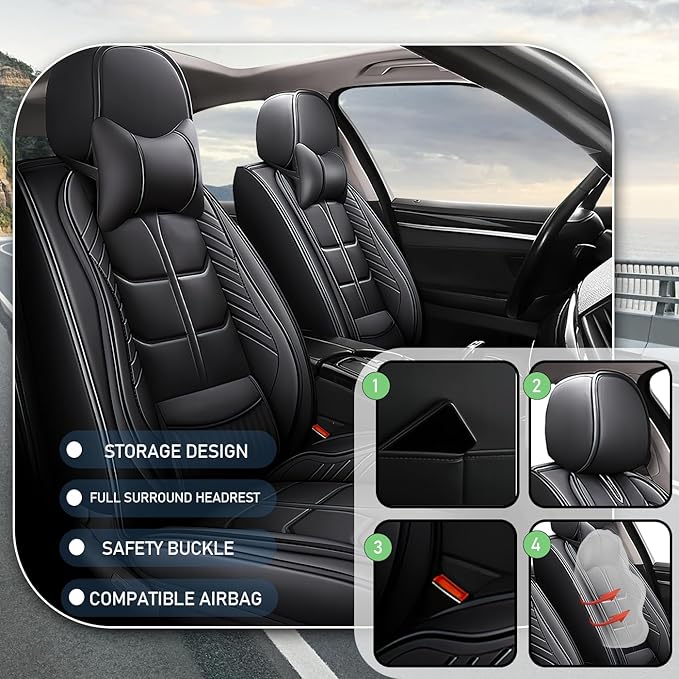 Leather Car Seat Covers Fit for Toyota Camry 2002-2024, 5 Seater Car Seat Cover, Premium Waterproof, Scratch Resistant Car Interior Accessories (Full Set with Pillow Black)