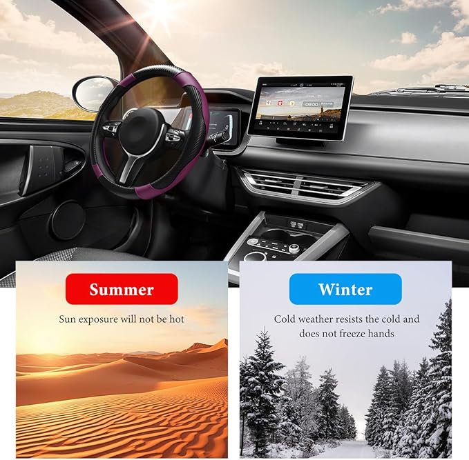 Car Steering Wheel Cover, 15 Inch Anti-Slip Stretch Leather Steering Wheel Protector, Comfortable Breathable Sporty Steering Wheel Cover for Women Men, Car Accessories (Black & Purple)