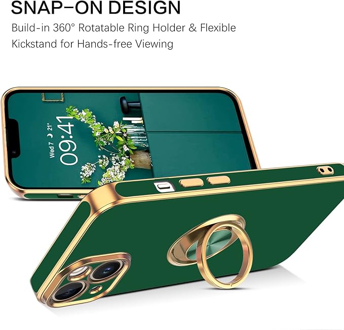 VENINGO iPhone 14 Case, Slim Fit Soft 360 Ring Holder Kickstand Magnetic Car Mount Supported Easy Clean Shockproof Protective Cover for Apple iPhone 14 6.1" 2022, Midnight Green