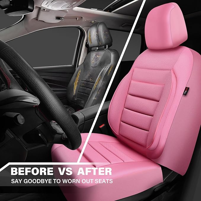 CAR PASS Pink Leather Seat Covers Full Set Universal Water Resistant 3D Foam Back Support, Luxury Comfort Automotive 5 Seat Covers for Women All Season Fit SUV,Sedan,Van, Airbag Compatible Pink