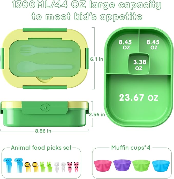 Bento Lunch Box Leakproof 44oz Kids Lunch Box Containers with 4 Compartment, Bento-Style Lunch Bento Box with Cutlery, Reusable Kid Back to School Meal/Snack Packing BPA Free (Green)