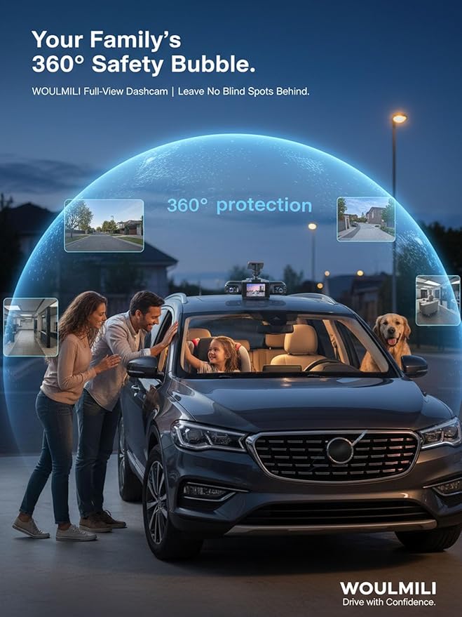 Full View Car Dashcam Wireless System 360 Car DVR WiFi 4 Channel Dash Cam Video Recorder Camera for Cars, Front and Rear Inside with Infrared Lamps Night Vision (32G)