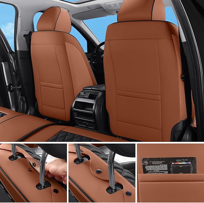 Car Seat Covers Full Set Brown, Luxury Faux Leather Waterproof Non-Slip Women Seat Protector Universal Fit for Most Cars SUVs Trucks Pick-ups,Car Interior Accessories (Brown Black-Full Set)