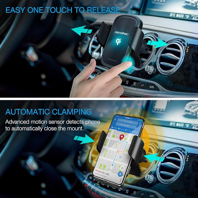 RexingUSA X5 Motorized Qi Car Mount - 15W/7.5W Wireless Charging, Auto Sensing Clamping, Windshield & Air Vent | iPhone, Android & Galaxy Smartphones (No Car Charger)