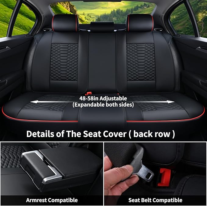 Coverado Seat Covers Full Set, Waterproof Nappa Leather Seat Covers for Cars, 5 Seats Universal Car Seat Protectors, Black Car Seat Covers Car Seat Cushions Fit for Most Cars (Black&Red)