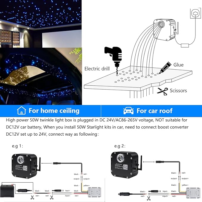 AZIMOM High Brightness 50W Twinkle Fiber Optic Starlight Kits 1200pcs*0.03in*16.4ft End Glow Fiber Strands Sound Activated Bluetooth/APP Remote Control Home Shop Lobby Theater Ceiling Roof Decor