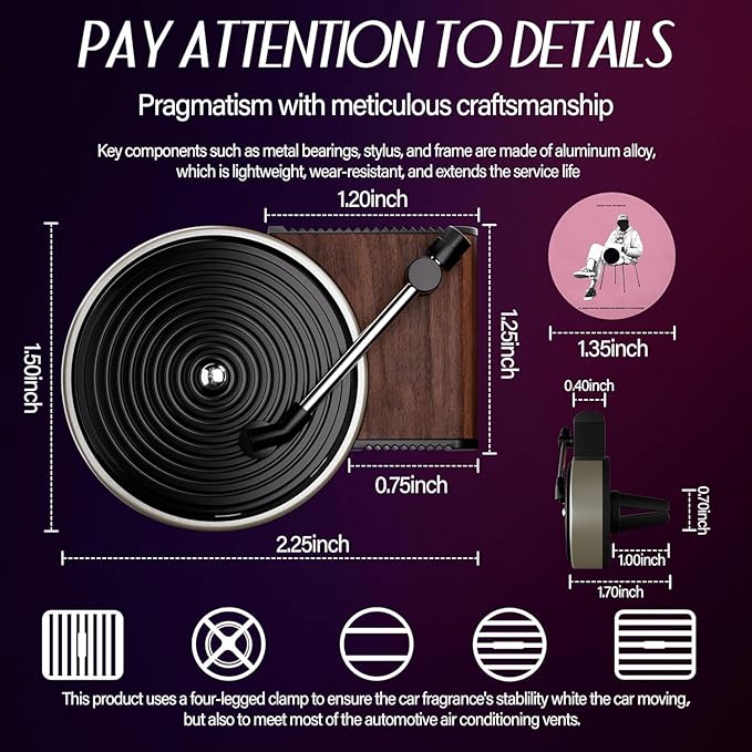 Car Air Freshener Record Player Car Vent Clip Air Diffuser with 12pcs Refill Pads Aromatherapy Tablets for Fans Gift, Music Lovers Gifts