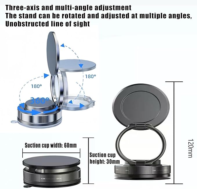 Vacuum Magnetic Car Phone Holder 361° Adjustable Foldable Portable Magnetic Phone Holder for Car for Car/Gym/Mirror/Smooth Surface Suction Cup Phone Mount Compatible for All Smartphones (Black)