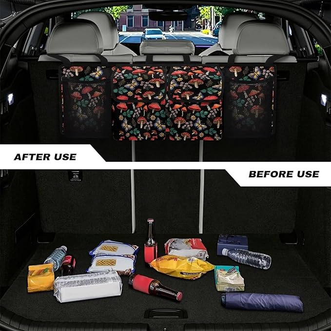 Mushroom Car Trunk Organizer Foldable Auto Backseat Storage Bag with 4 Pockets Hanging Auto Accessories Suitable Most Sedans SUVs Trucks Vans