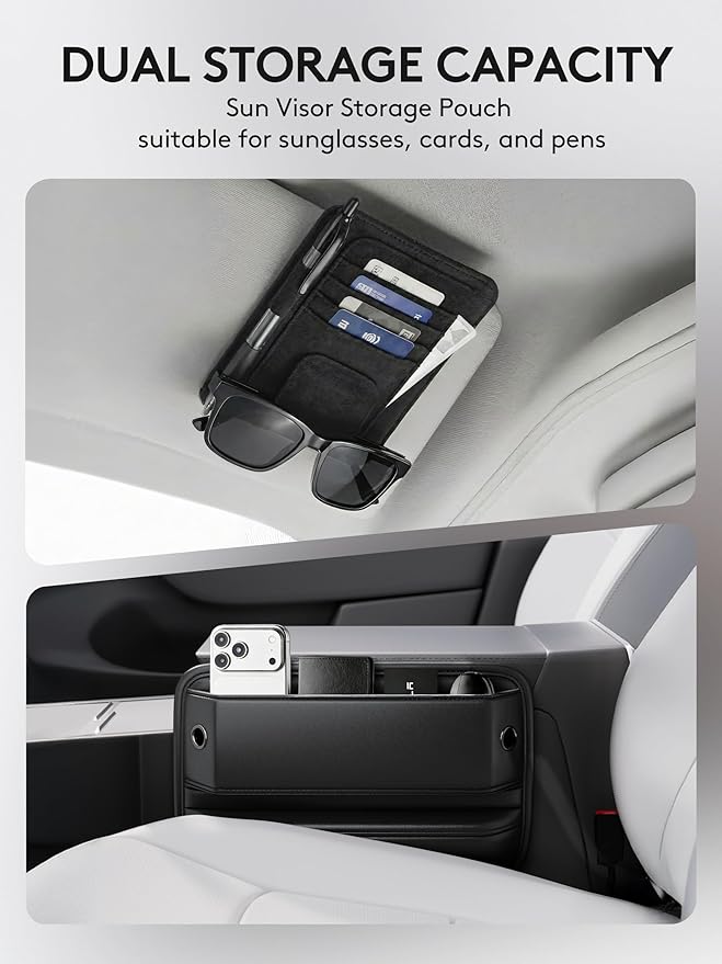 Car Seat Gap Filler with Sun Visor Organizer, Leather Seat Gap Organizer for Phone, Cards, Keys and Sunglasses, Front Seat Storage for Most Cars, SUVs and Trucks