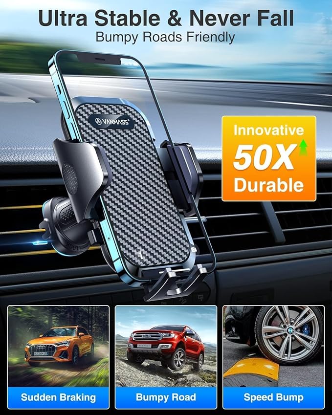 VANMASS 2026 Phone Holders for Your Car Ultimate Military-Grade Car Phone Holder Mount【Patent & Safety Certs】Upgraded Shockproof Truck Air Vent Phone Mount for iPhone 17 Pro Max 16 15 Samsung Android