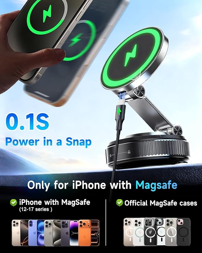 Vacuum Magnetic Phone Holder‌ - 360° Adjustable ‌Magsafe Car Mount‌, Foldable ‌Car Phone Holder‌ with Suction Cup Mount‌