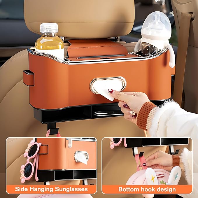 Multifunctional Car Seat Back Storage Box, Universal Car Seat Organizer, Car Seat Tissue Box and Organizer, Car Seat Paper Towel Organizer， Car Organizer with 2 Drink Cup Holders (Red)