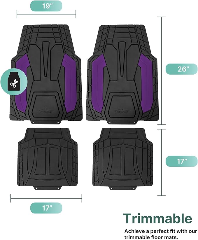 FH Group Automotive Heavy-Duty Rubber Floor Mats, Universal Fit Full Set, Climaproof, Trimmable for Most Sedan, SUV, Truck, Purple