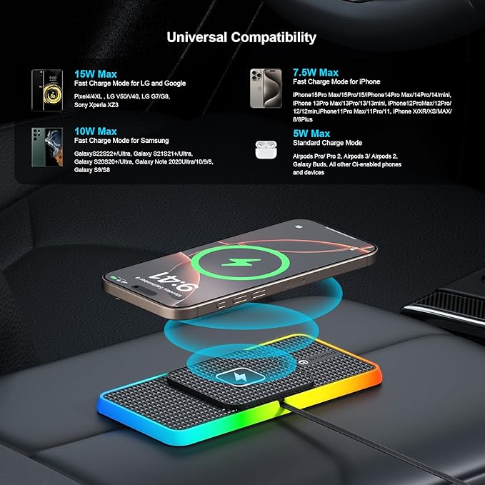 Wireless Charger Car Charging Pad,POLMXS 15W Wireless Phone Charger,RGB Cell Phone Cordless Charging Mat Compatible with iPhone 16/15/14/13/12 Galaxy S23 S22 S21 Note10(k1)