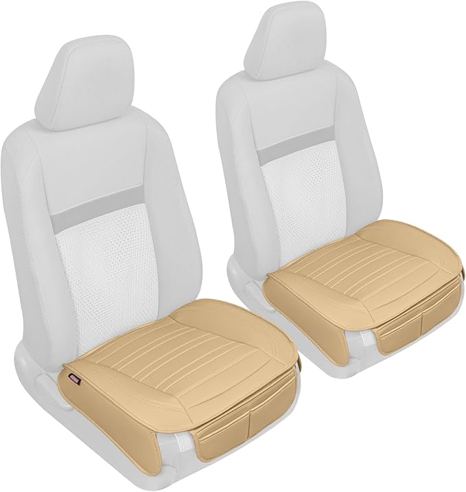 Motor Trend Seat Covers for Cars Trucks SUV, Faux Leather Beige Padded Seat Covers with Storage Pockets, Premium Interior Car Seat Cover, 2 x Front Seat Covers