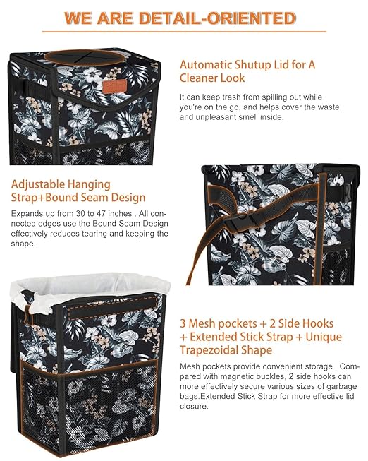 Pritent Car Trash Can with Lid, Cute Leakproof Car Trash Garbage Bag Hanging Vehicle Trash Bin Small Portable Automotive Garbage Cans Organizer for Back/Front Seat(Trapezoid,Black with Lily Print)